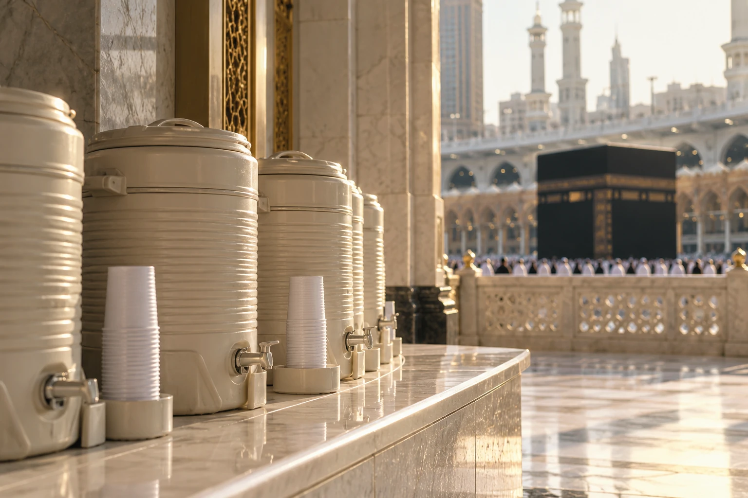 Zamzam water dispensers and cups beside the mosque courtyard