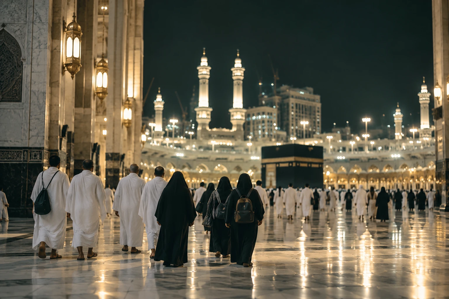 Distant pilgrims walking through a softly lit mosque courtyard at night