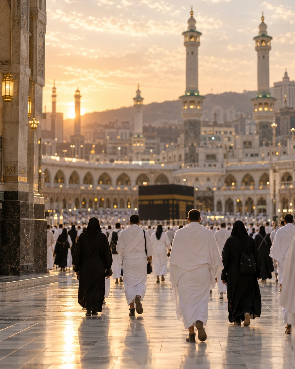Pilgrims seen from behind walking towards Masjid al-Haram at dawn