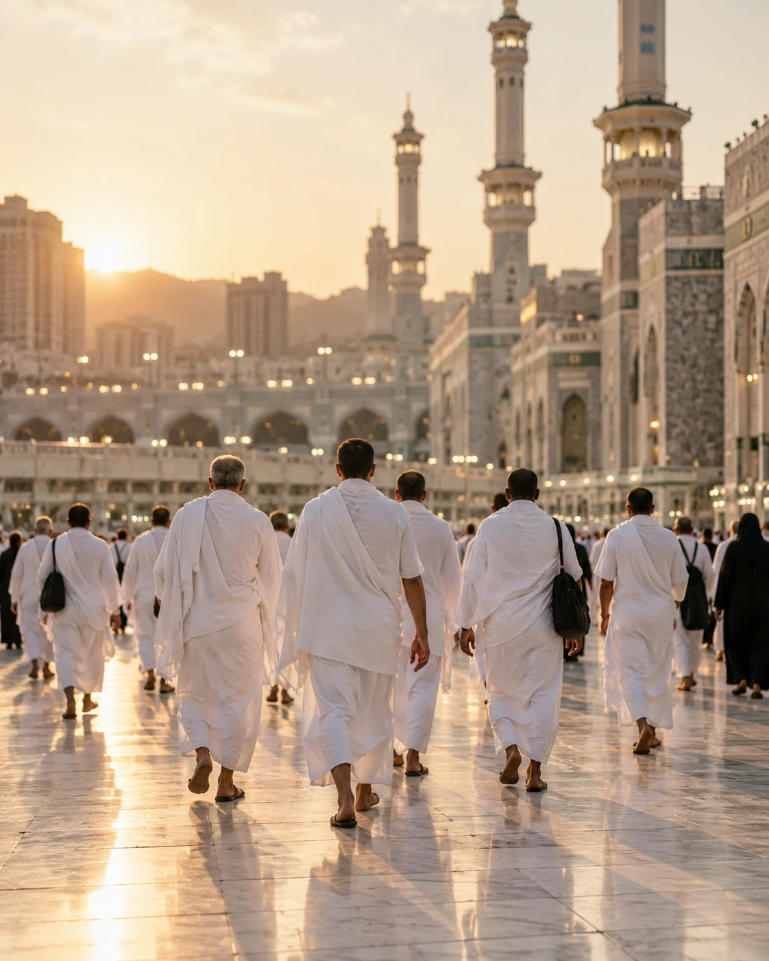 Pilgrims in white walking together across a marble plaza